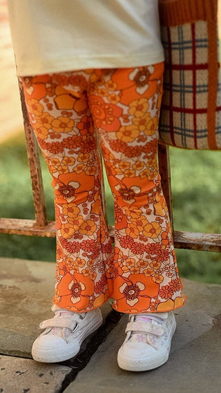 70s Flower Power Jersey Knit Bell Bottoms - Strawberry Jam Kids