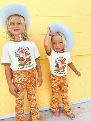 70s Flower Power Jersey Knit Bell Bottoms - Strawberry Jam Kids