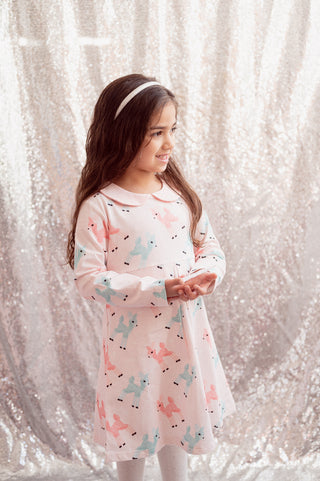 Pink Christmas Dress with Retro Deer for Girls