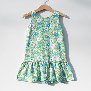 Blue and Green Flower Power Drop Waist Dress for Babies, Toddler and Girls - Strawberry Jam Kids