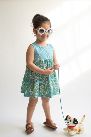 Blue Flower Power and Polka Dot Dress for Baby and Toddler Girls - Strawberry Jam Kids