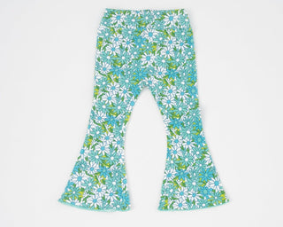 Blue Flower Power Jersey Knit Bell Bottoms for Babies, Toddlers and Girls - Strawberry Jam Kids