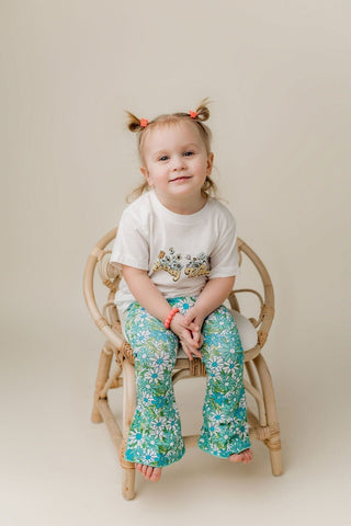 Blue Flower Power Jersey Knit Bell Bottoms for Babies, Toddlers and Girls - Strawberry Jam Kids