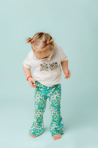 Blue Flower Power Jersey Knit Bell Bottoms for Babies, Toddlers and Girls - Strawberry Jam Kids