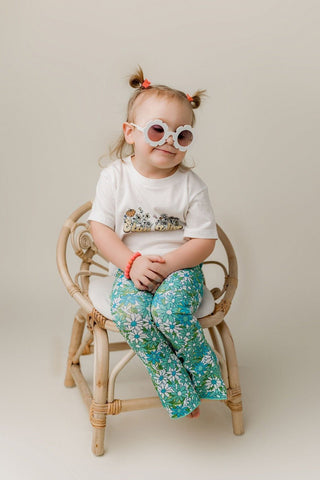 Blue Flower Power Jersey Knit Bell Bottoms for Babies, Toddlers and Girls - Strawberry Jam Kids