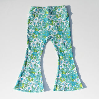 Blue Flower Power Jersey Knit Bell Bottoms for Babies, Toddlers and Girls - Strawberry Jam Kids