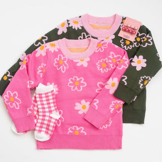 Flower Power Cotton Knit Sweater for Toddler Girls in Pink or Green - Strawberry Jam Kids