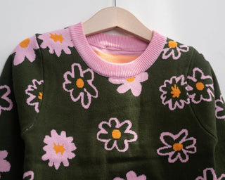 Flower Power Cotton Knit Sweater for Toddler Girls in Pink or Green - Strawberry Jam Kids