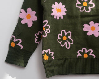 Flower Power Cotton Knit Sweater for Toddler Girls in Pink or Green - Strawberry Jam Kids