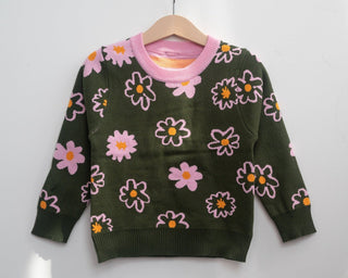 Flower Power Cotton Knit Sweater for Toddler Girls in Pink or Green - Strawberry Jam Kids