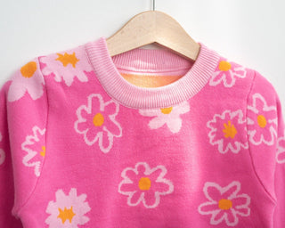 Flower Power Cotton Knit Sweater for Toddler Girls in Pink or Green - Strawberry Jam Kids