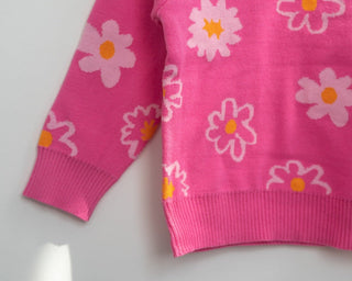 Flower Power Cotton Knit Sweater for Toddler Girls in Pink or Green - Strawberry Jam Kids