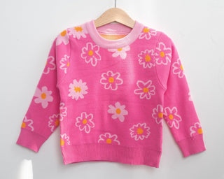 Flower Power Cotton Knit Sweater for Toddler Girls in Pink or Green - Strawberry Jam Kids