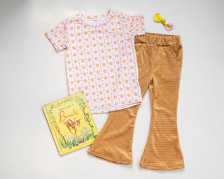 Golden Brown Velour Corduroy Bell Bottoms for Babies, Toddler and Girls - Strawberry Jam Kids