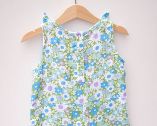 Green and Blue Flower Power Double Gauze Romper for Babies and Toddler Girls - Strawberry Jam Kids