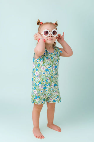 Green and Blue Flower Power Double Gauze Romper for Babies and Toddler Girls - Strawberry Jam Kids