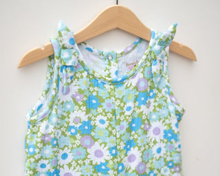 Green and Blue Flower Power Double Gauze Romper for Babies and Toddler Girls - Strawberry Jam Kids