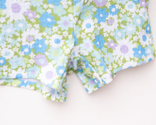 Green and Blue Flower Power Double Gauze Romper for Babies and Toddler Girls - Strawberry Jam Kids