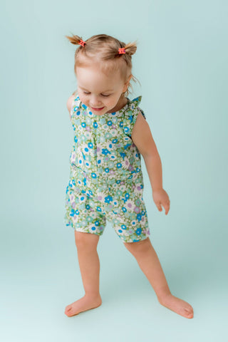 Green and Blue Flower Power Double Gauze Romper for Babies and Toddler Girls - Strawberry Jam Kids