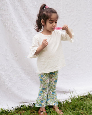 Green and Blue Flower Power Jersey Knit Bell Bottoms for Babies, Toddlers and Girls - Strawberry Jam Kids