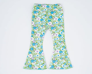 Green and Blue Flower Power Jersey Knit Bell Bottoms for Babies, Toddlers and Girls - Strawberry Jam Kids