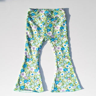 Green and Blue Flower Power Jersey Knit Bell Bottoms for Babies, Toddlers and Girls - Strawberry Jam Kids