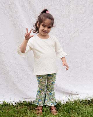 Green and Blue Flower Power Jersey Knit Bell Bottoms for Babies, Toddlers and Girls - Strawberry Jam Kids