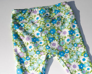 Green and Blue Flower Power Jersey Knit Bell Bottoms for Babies, Toddlers and Girls - Strawberry Jam Kids