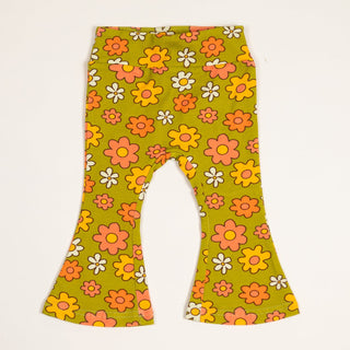 Green Flower Power Girl’s Bell Bottom Leggings - Strawberry Jam Kids