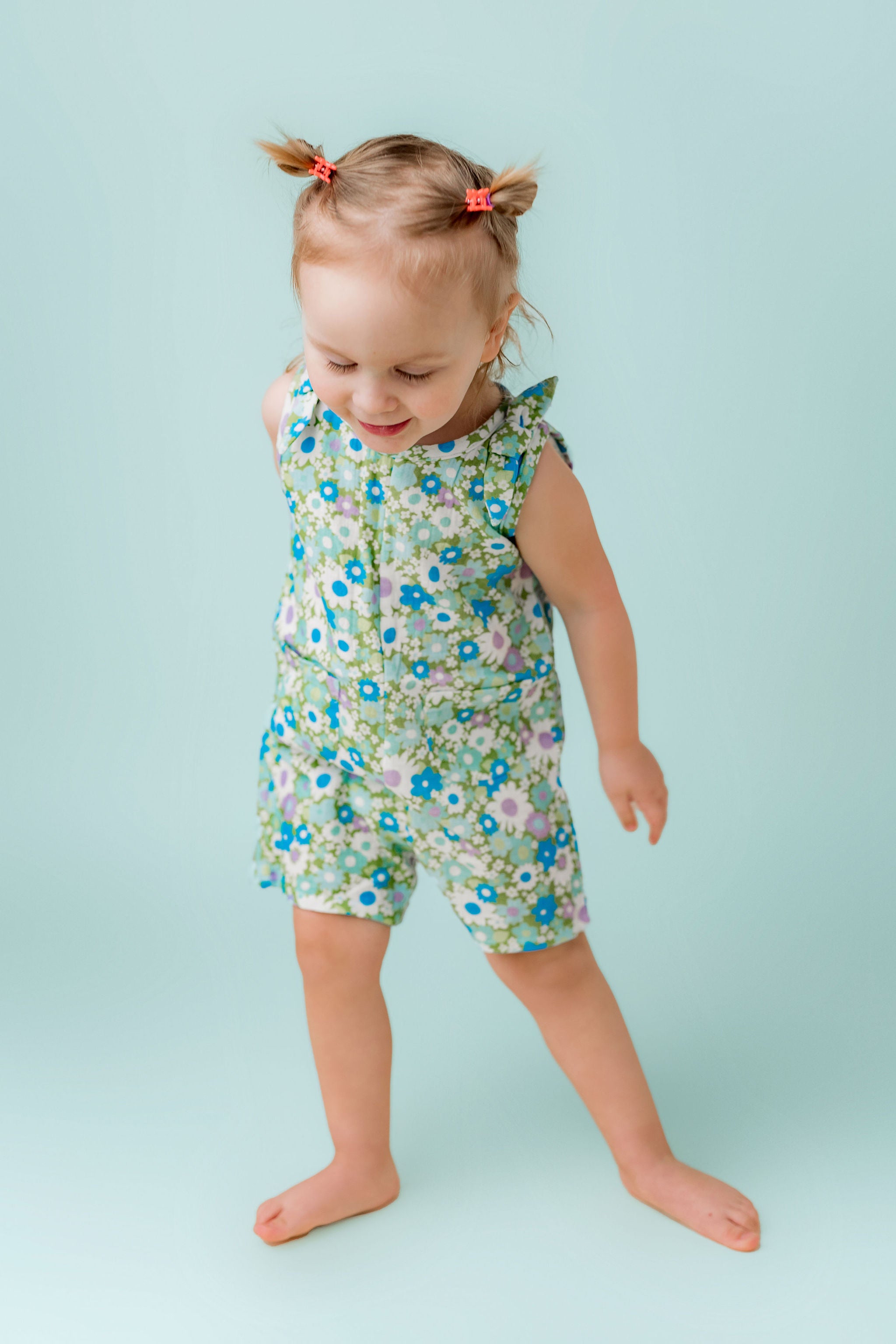 Green and Blue Flower Power Double Gauze Romper for Babies and